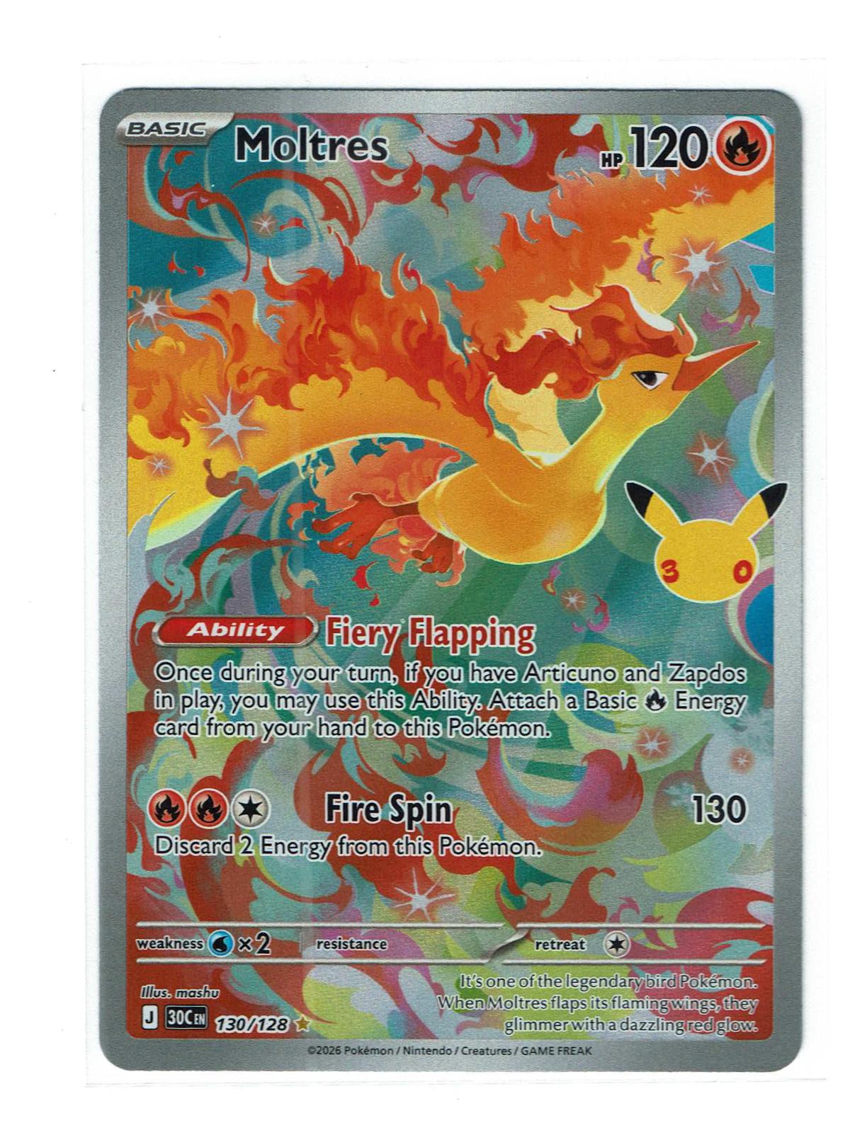 Moltres 130/128 Illustration Rare ME: 30th Celebration Pokemon Holo Near Mint