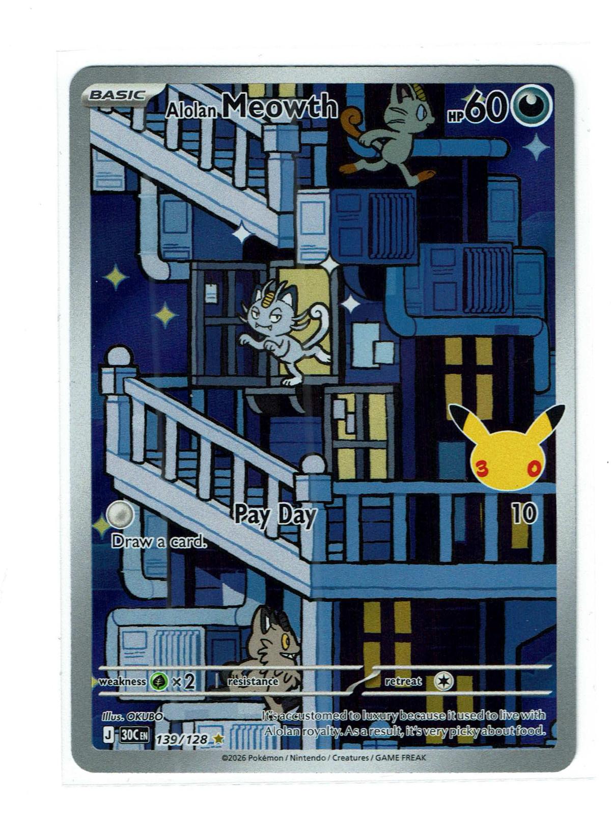 Alolan Meowth 139/128 Holo Illustration Rare ME: 30th Celebration Pokemon NM
