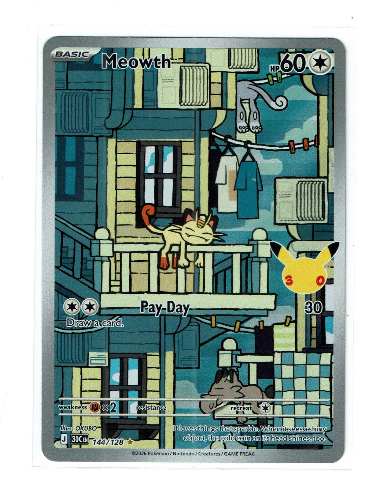 Meowth 144/128 Holo Illustration Rare ME: 30th Celebration Pokemon Near Mint