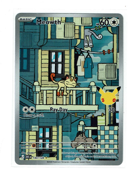 Meowth 144/128 Holo Illustration Rare ME: 30th Celebration Pokemon Near Mint