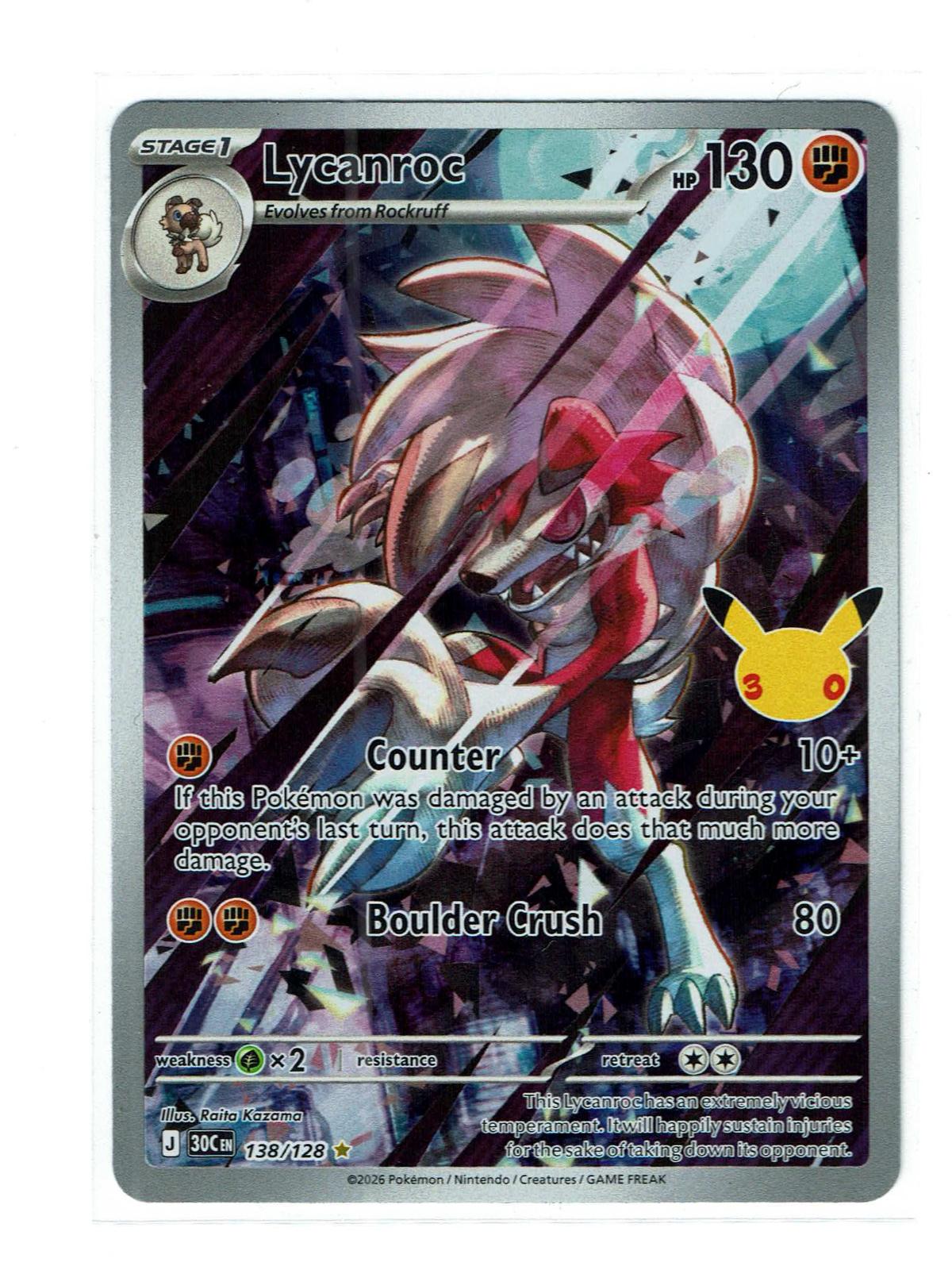 Lycanroc 138/128 Holo Illustration Rare ME: 30th Celebration Pokemon Near Mint