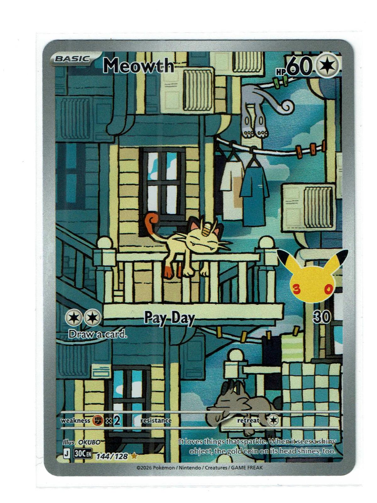 Meowth 144/128 Holo Illustration Rare ME: 30th Celebration Pokemon Near Mint